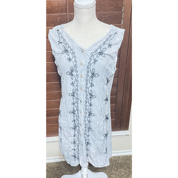 Tipsy India Y2K Embroidered Mini Dress grey button front lightweight tie back - Picture 1 of 8